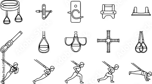 Fitness TRX Suspension Training Exercise Outline Icons Set. Workout Gear and People Doing Exercises. Health and Gym Equipment Line Art.
