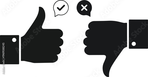 Thumbs up and thumbs down icons with check mark and cross sign