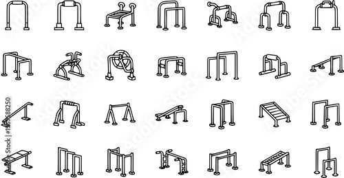 Outdoor Gym Equipment Vector Icons Set Black and White Line Art Fitness