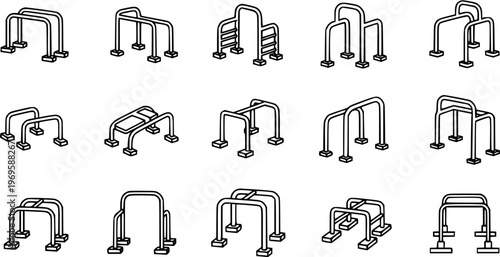 Outdoor Fitness Equipment Line Art Icons - Exercise Bars, Parallel Bars, Dip Station