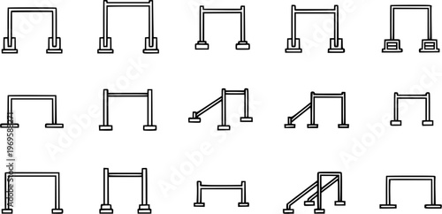 Fitness and Sports Bars Black and White Line Art Vector Icon Set: Gymnastics, Workout, Obstacle Course Equipment, and Hurdles Outline.