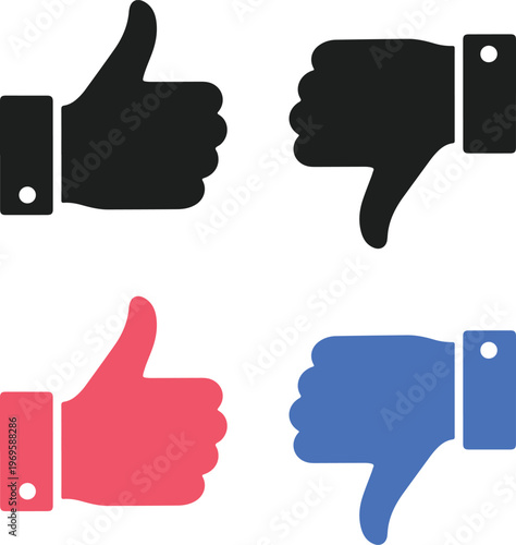 Thumbs up and thumbs down icons set like dislike hand symbols in flat color style