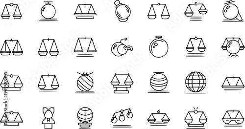 Black and White Line Art Icons of Scales of Justice, Globes, and Abstract Shapes for Law and Business