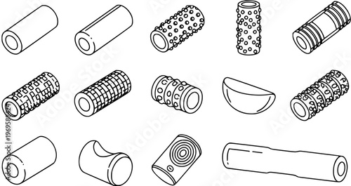 Black and White Line Art Collection of Various Massage Rollers and Foam Rollers for Fitness and Therapy