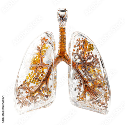 Anatomical glass lungs model with amber airway, transparent resin organ sculpture for medical education and biology visuals isolated on Transparent Background
