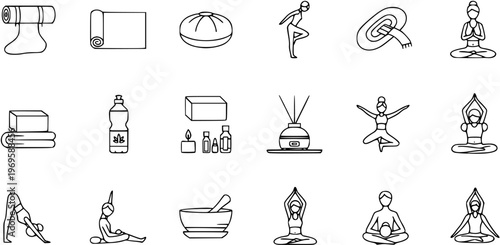 Yoga and Wellness Line Art Icons: Mats, Aromatherapy, Poses, Spa Items