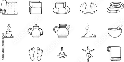 Ayurveda Spa Massage Wellness Icons Set Black and White Line Art