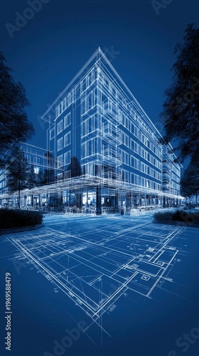 Building design concept shows blueprints and structure plans