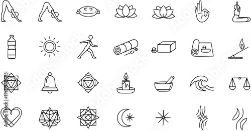 Black and White Line Art Icons for Yoga and Wellness: Poses, Lotus Flowers, Sun, Mats, Candles, and More