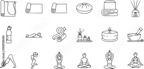 Yoga, Meditation  Spa Wellness Line Art Icons Set. Collection of Outline Symbols for Fitness, Relaxation, and Self-care Practices.