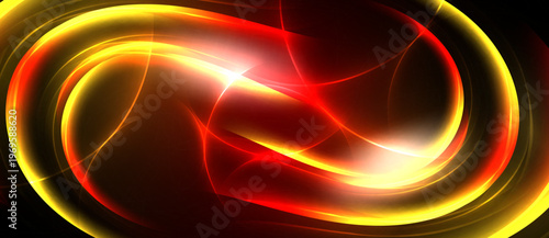 Abstract design features swirling red, gold lines. Bright center radiates energy, dark background enhances contrast. Dynamic, flowing shapes create visual interest.