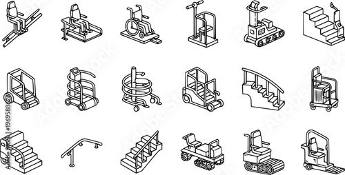 Black and White Line Art Icons of Mobility Aids and Accessibility Equipment