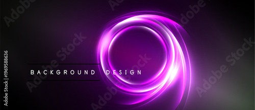 Purple glowing circles form abstract design. Dark background enhances vibrant luminosity, creating modern visual effect.