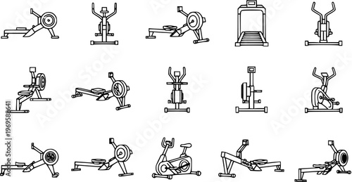 Black and White Line Art Icons of Fitness Equipment, Gym Machines, Exercise Gear