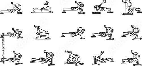 Fitness Gym Exercise Equipment Line Art Icons Set. Outline Glyph Collection of Stationary Bikes, Rowing Machines, and Elliptical Trainers for Health  Workout.
