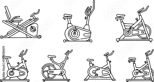 Fitness Exercise Bikes Vector Line Art Icon Set. Collection of Stationary, Recumbent, and Spin Bike Outline Illustrations for Gym Workouts and Healthy Lifestyle