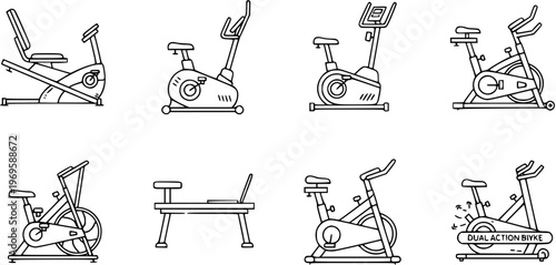 Black and White Line Art Collection of Various Exercise Bikes and Fitness Equipment