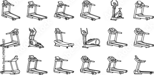 Black and White Line Art Collection of Treadmill and Elliptical Machines for Fitness Industry