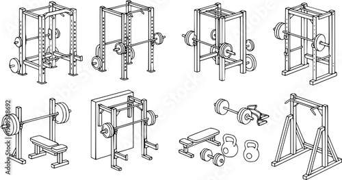 Fitness Gym Strength Training Equipment Set Black and White Line Art Vector. Isometric Outline of Power Racks, Squat Racks, Bench Press, Barbells, Dumbbells, Kettlebells.