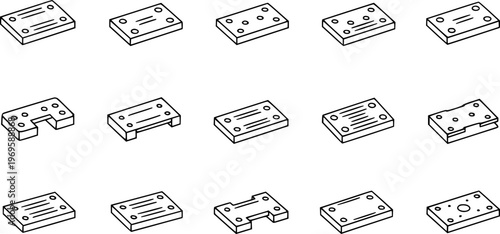 Black  White Line Art Icons of Industrial Mechanical Parts. Engineering Components, Brackets, and Connectors Vector Set.