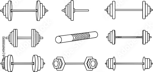 Black and White Line Art Icons of Dumbbells and Barbell for Fitness and Weightlifting