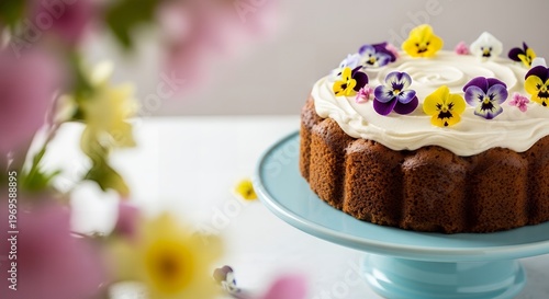 Decorated cake with edible flowers on a cake stand with vanilla cake with carrot cake with bundt cake with round cake with tea time with party food with brightly lit