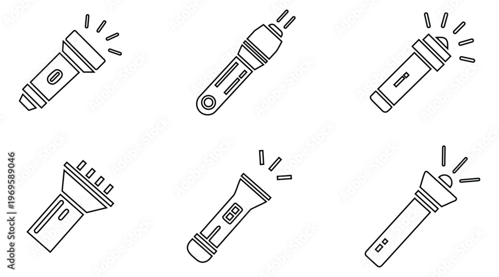 Fototapeta premium Flashlight line icon vector set, torch light flash symbol outline icon vector illustration