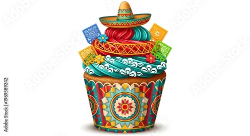 Colorful cupcake with sombrero on top isolated on white background