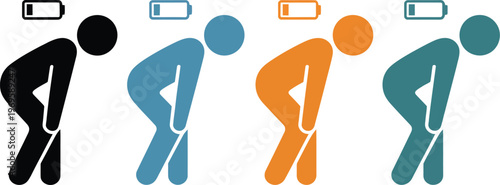 Burnout and exhaustion icon set, tired people icons showing fatigue stress low energy and emotional strain representing mental health and mood concept.