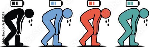 Burnout and exhaustion icon set, tired people icons showing fatigue stress low energy and emotional strain representing mental health and mood concept.