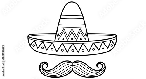 Black and white illustration of a sombrero and mustache