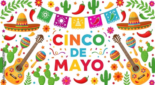 Vibrant cinco de mayo celebration graphic with colorful icons isolated on white background