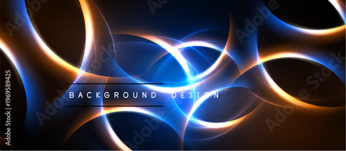 Abstract glowing lines form swirling shapes. Dark background enhances vibrant orange, blue illumination. Modern design element.
