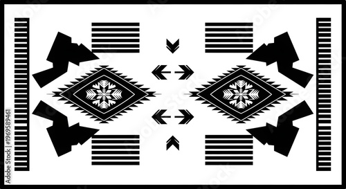 Black and white geometric pattern with symmetrical shapes and lines