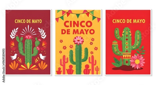 Vibrant cinco de mayo posters with cacti and flowers