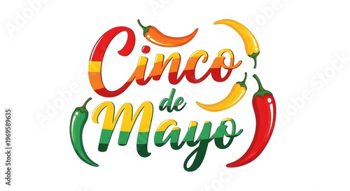 Cinco de mayo celebration graphic with colorful chili peppers isolated on white background