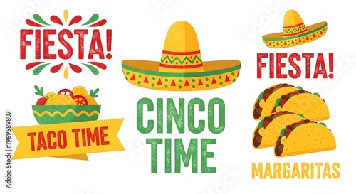 Vibrant cinco de mayo celebration graphics with tacos and sombreros isolated on white background
