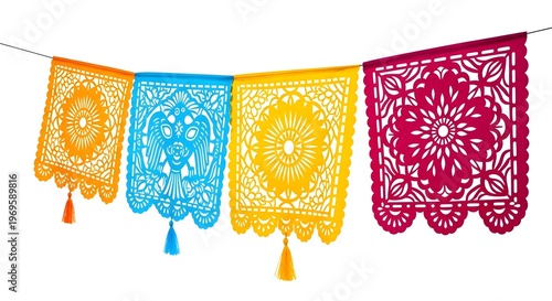 Colorful papel picado banners on string isolated on white background