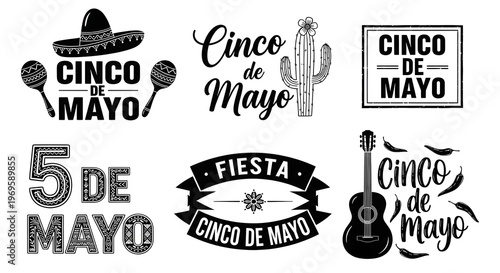 Cinco de mayo celebration graphics and text isolated on white background