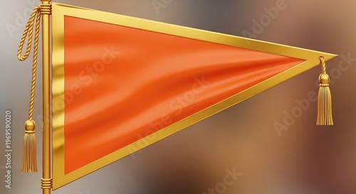 A vibrant orange triangular flag mounted on a golden pole with decorative tassels for display illustration