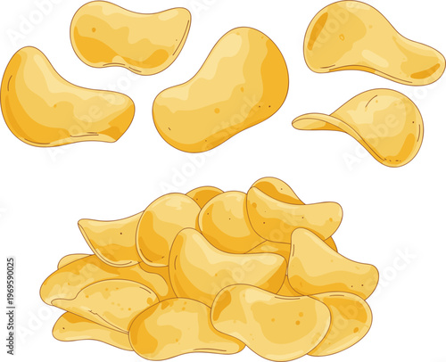 Potato chips set illustration, crispy snack pieces and pile vector cartoon isolated junk food design