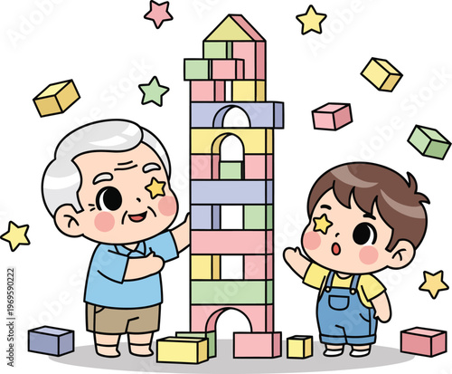 Cute cartoon grandfather and grandson playing with building blocks, elderly man and young boy stacking colorful toy bricks, intergenerational family bonding