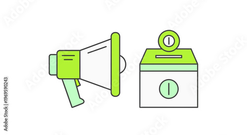 Megaphone and donation box icons.