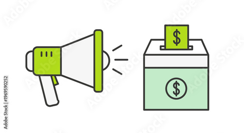 Megaphone and money box icon.