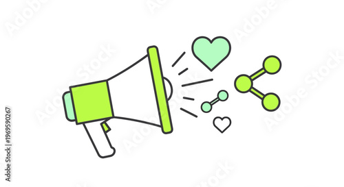 Megaphone with heart and social symbols.