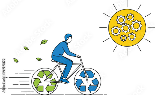 Sustainable green energy concept vector, man riding bicycle with recycle symbol wheels, solar power sun with gear mechanism and flying leaves