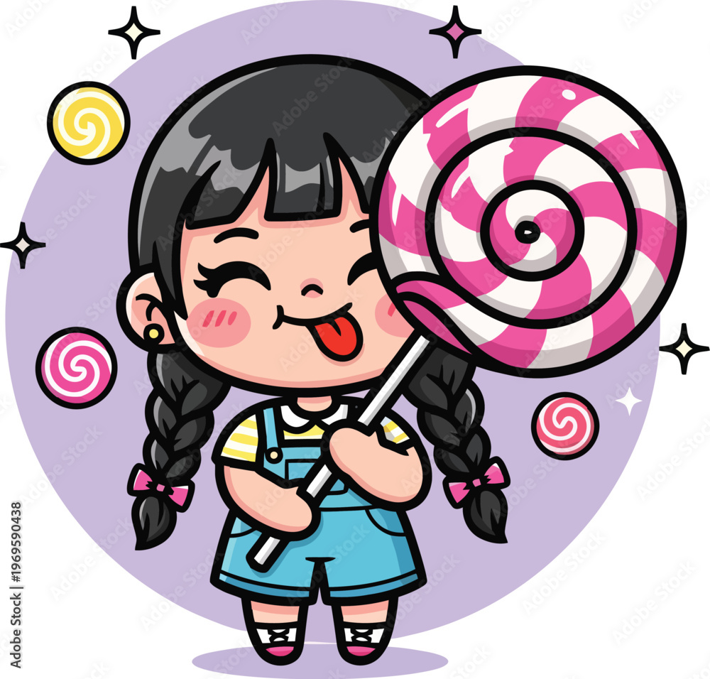 Naklejka premium Kawaii anime girl holding giant pink lollipop, cute cartoon character with pigtails and overalls, sweet candy shop mascot vector illustration