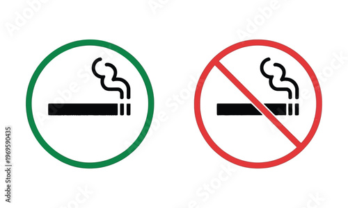 Smoking Warning Signs Vector Set, Red and Green Cigarette Icons with Allowed and Prohibited Symbols, Nicotine Smoking Area Signage, No Smoking Symbol Collection, Isolated Vector Illustration