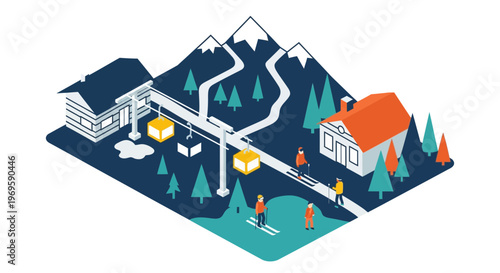 People skiing on snowy mountain resort.