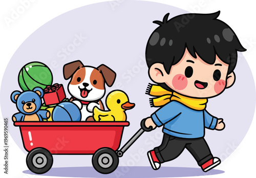 Tableau sur toile Cute cartoon boy pulling red wagon full of toys, happy child with stuffed animal